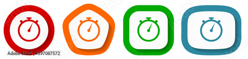 stopwatch vector icon set, flat design vector illustration in 4 colors options for webdesign and mobile applications