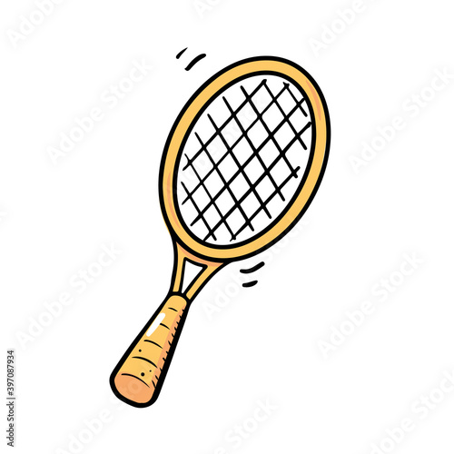 Hand drawn tennis racquet element. Doodle sketch style. Sport element drawn by digital brush-pen. Illustration for icon, sticker design.