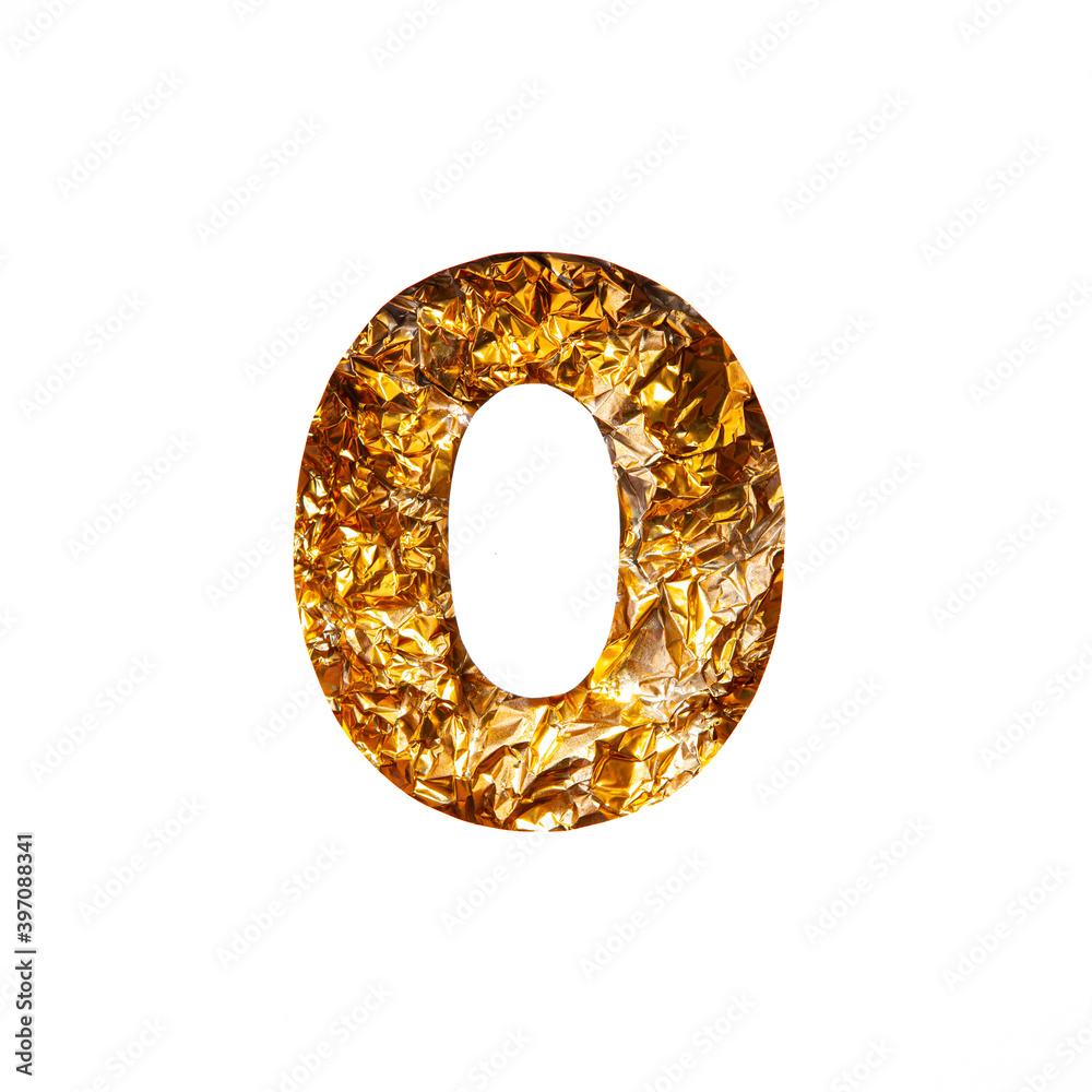 Gold number zero made of shiny crumpled foil and paper cut null shape isolated on white. Festive golden typeface Gold number zero made of shiny crumpled foil and paper cut null shape isolated on white. Festive golden typeface