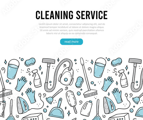 Hand drawn design template of cleaning equipments, sponge, vacuum, spray, broom, bucket. Doodle sketch style. Clean element drawn by digital brush-pen. Illustration for icon, frame, background, banner