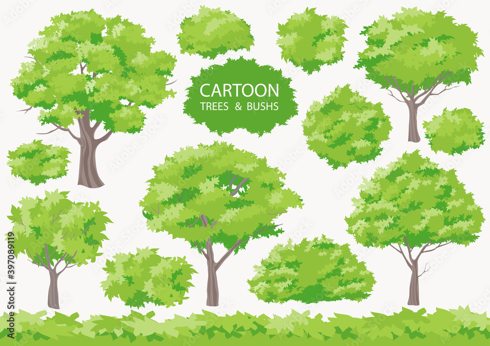 Fototapeta premium Cartoon trees and bushs. Big set difference shape tree. Grass on white background. Collection isolated crown of the tree. Vector illustration tree for game design or landscape nature in park.