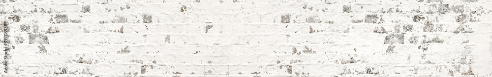Black White Brick Wall Wide Banner. Cement Plaster Mortar Material Background. Monochrome Texture Surface. Grey Panoramic Large Banner For Web Design.