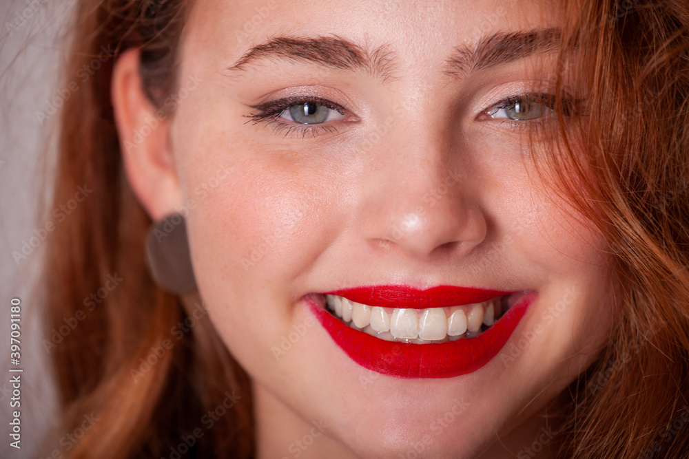 smile happy with red lips, cute young girl smiling with teeth, snow-white smile smile happy with red lips, cute young girl smiling with teeth, snow-white smile