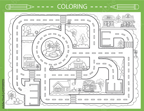 Coloring with city road. Board game. Wallpaper or carpet for childrens room. Kids background with highway with buildings. Background for gaming childish car. Maze with road signs. Vector.