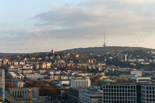Stuttgart panorama skyline at late autumn dusk