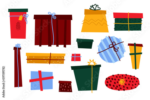 Christmas gifts in scandinavian style set. Different color presents isolated on white background. New Year greeting collection. Decorated boxes with ribbons, ornament. Vector cute holiday illustration
