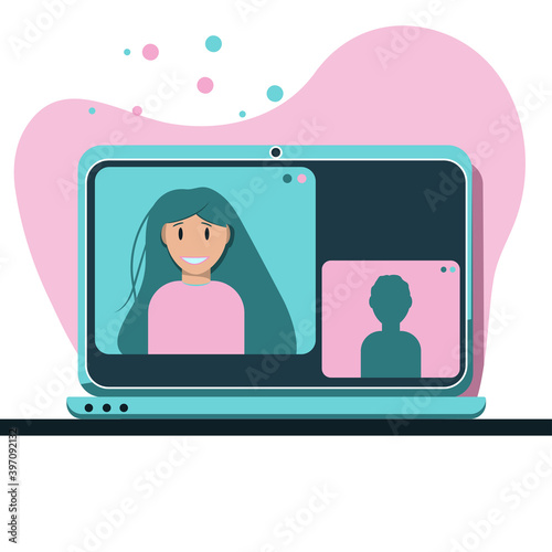 Laptop screen with people talking, zoom conference, online education lesson. Remote work concept illustration. Friends, colleagues livestream. E-learning. Flat isolated vector. Multi chat messandger