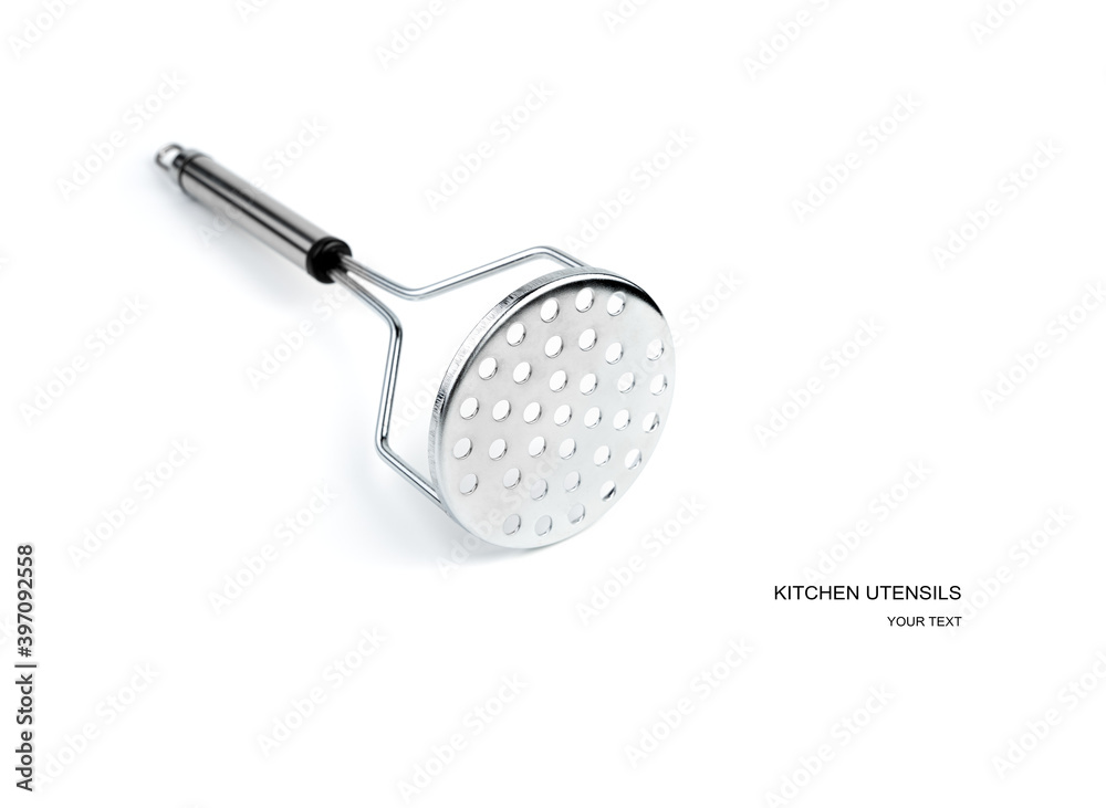 Kitchen utensils, potato masher on a white background. Side view with space for copying. The concept of cooking. Kitchen utensils, potato masher on a white background. Side view with space for copying. The concept of cooking.