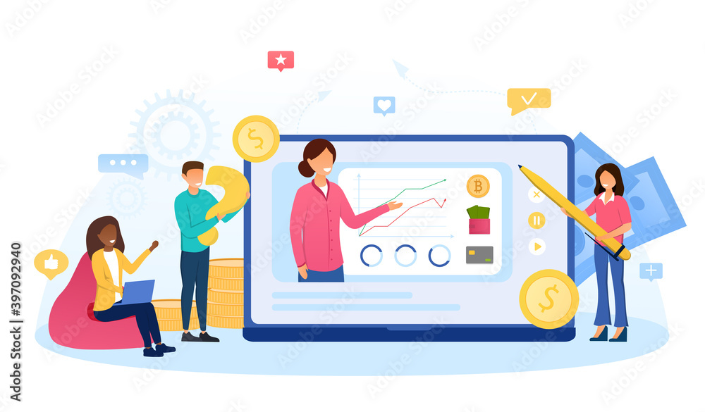 Online business courses of increasing earnings, money. PC monitor with charts arrow on screen, concept or success financial trading profit. Abstract concept. Cartoon flat vector illustration