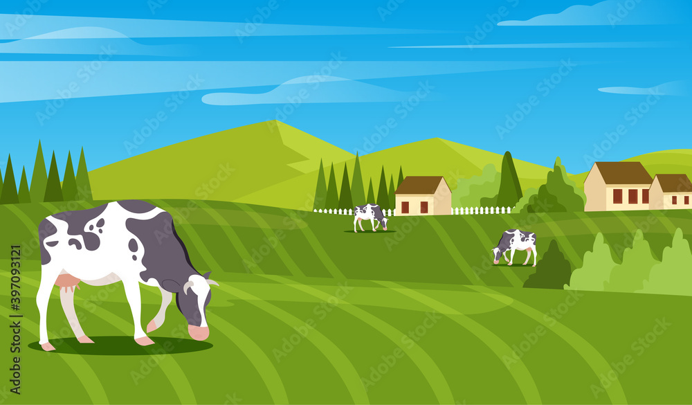 Rural landscape with field, trees, grass and cows. Ecologically clean area with blue sky and clouds. Village in the summer. Vector stock flat style illustration or background for eco products, banner.