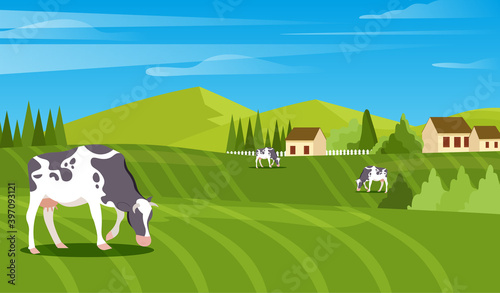 Rural landscape with field, trees, grass and cows. Ecologically clean area with blue sky and clouds. Village in the summer. Vector stock flat style illustration or background for eco products, banner.