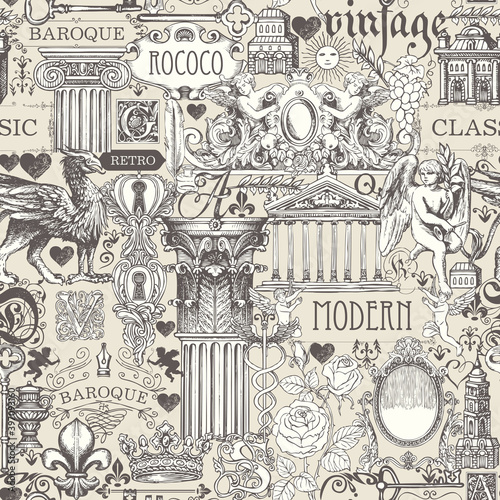 Creative seamless pattern on the theme of vintage art, furniture and Antiques. Vector background with sketches and drawings on a beige backdrop. Wallpaper, wrapping paper, fabric in retro style