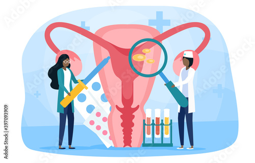Doctors examining internal organ. Human anatomy abstract concept. Womb examination. Medical worker making diagnosis. Cartoon flat vector illustration