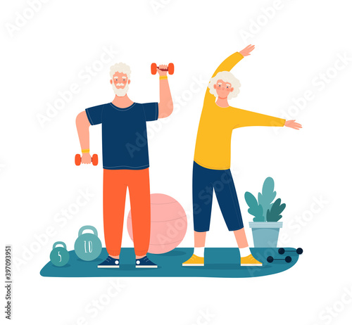 Elderly people man and woman have sports activity, exercising. Outdoor activity for retired people, healthy lifestyle. Cartoon vector illustration isolated on white background