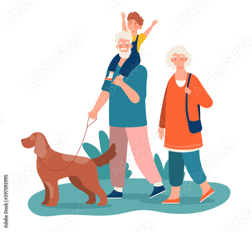 Elderly people man and woman walking with grandson and dog. Outdoor activity for retired people, healthy lifestyle. Cartoon vector illustration isolated on white background