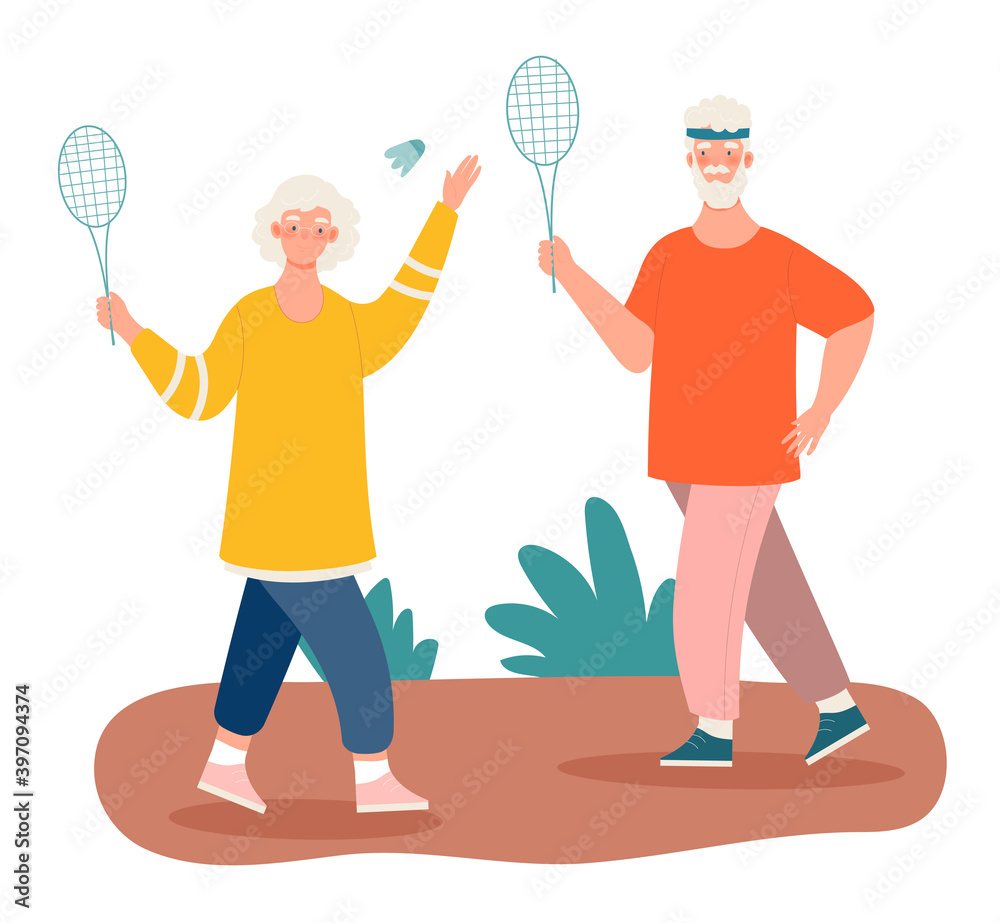 Naklejka premium Elderly people man and woman playing tennis. Outdoor activity for retired people, healthy lifestyle. Cartoon vector illustration isolated on white background