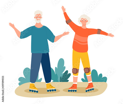 Elderly people man and woman riding on rollers. Outdoor activity for retired people, healthy lifestyle. Cartoon vector illustration isolated on white background