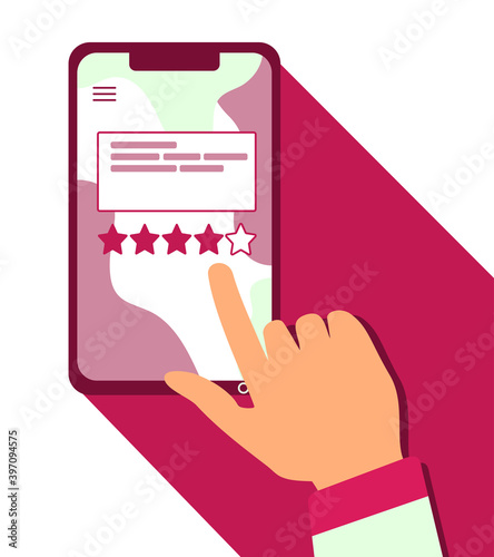 Leave your feedback concept illustration. Smartphone, finger, hand, ranking stars. Client, customer service experience review, comment. Flat isolated vector. Mobile application for recommendations