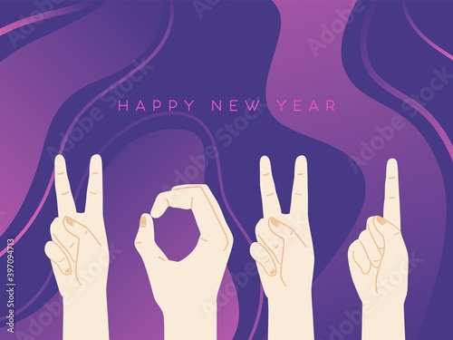 Happy New Year on violet background. Gesturing hands and hand with counting gestures. Vector illustration with hands forming number 2021