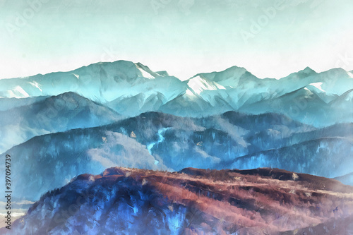 Beautiful mountain landscape at Caucasus mountains colorful painting looks like picture. © idea_studio
