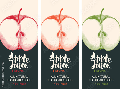 Set of vector labels for natural Apple juice with a realistic image of an Apple half and a calligraphic inscription in retro style