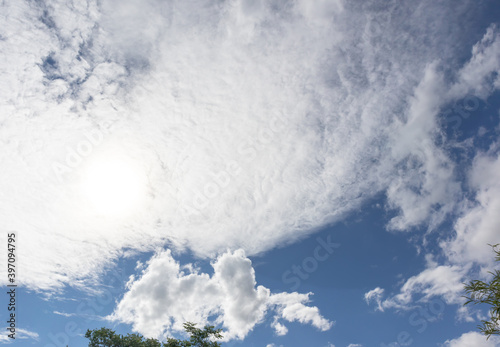 Beautiful blue clear sky with white clouds background in sunny day and copy space. Nature bright sky background image. Summer blue sky. Texture for Design. Natural cloudy Wallpaper.