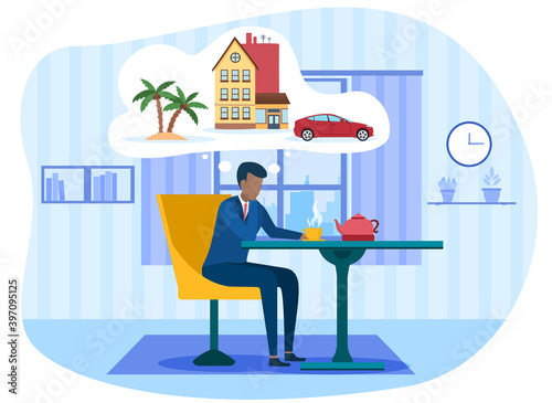Businessman drinking tea and dreaming at home. Man think about house, car and vacation on the sea. Male character dream about wealth. Cartoon flat vector illustration isolated on white background