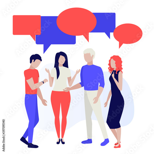 People with dialogue bubbles. Friends talking. Teamwork. Businessmen discuss news, chat, dialogue speech bubbles. Human characters on white background. Color vector illustration