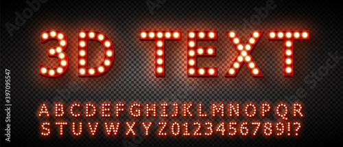 Alphabet and numbers from retro Edison lamps. For design of advertising signs, banners, posters. Invitation to a party. On a transparent background. 3D volume with shadow. Each character is isolated.