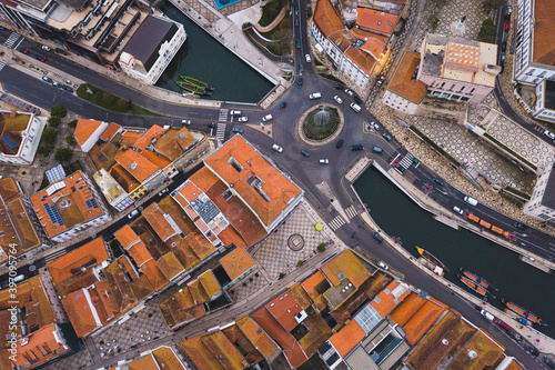 drone shot aerial view from above look Aveiro Portugal cloudy day city center rooftops orange red Monumento ao Marnoto e à Salineira
christmas tree
