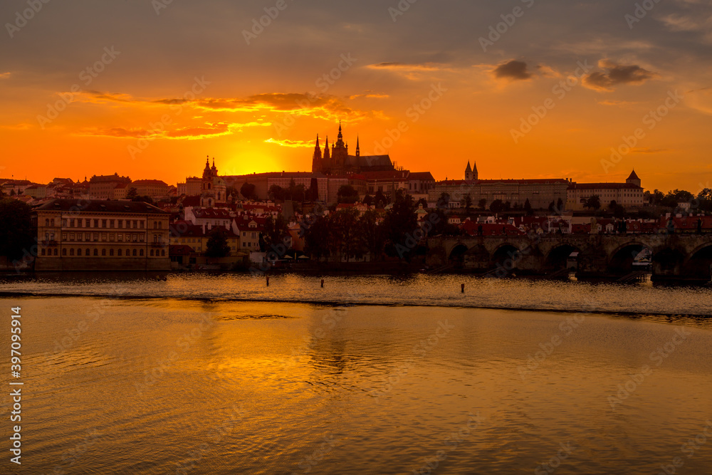 Panorama of old Prague. Picturesque panorama of Prague at sunset, Czech Republic. Cathedral St. Vitus on Prague castle.