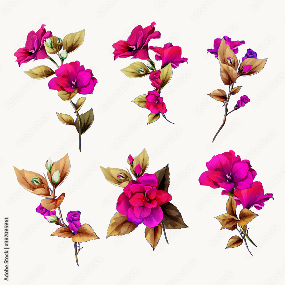 Floral design. Illustration of six wild flowers with branch and leaf for fabric, textile and other prints. Abstract, watercolor. Hand drawn. Vector - stock.