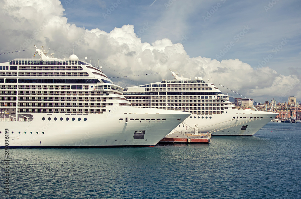 Two big passenger ships in port of Genova, Italy