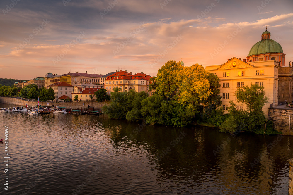 Panoramic view of picturesque Prague city on sunset. Prague, Czech Republic