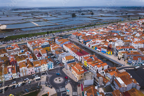 drone shot aerial view from above look Aveiro Portugal cloudy day city center rooftops orange red 