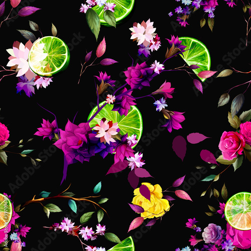 Seamless background pattern with abstract flowers, peony, lime fruit, leaves on black. Hand drawn art work. Vector - stock.