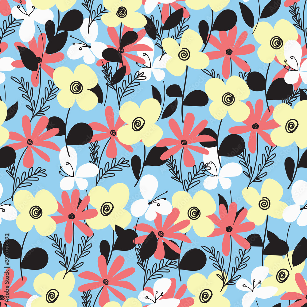 Abstract vector yellow, red, white doodle flowers with black leaves on a blue background. Seamless endless  pattern.