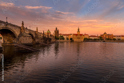 Panorama of old Prague. Panoramic view of picturesque Prague Charles Bridge and Old Town Towers on sunset. Prague  Czech Republic