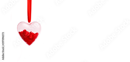 Wallpaper Mural Transparent heart with red confetti inside on a white isolated background. Valentine's day greeting card concept. Banner, copy space Torontodigital.ca