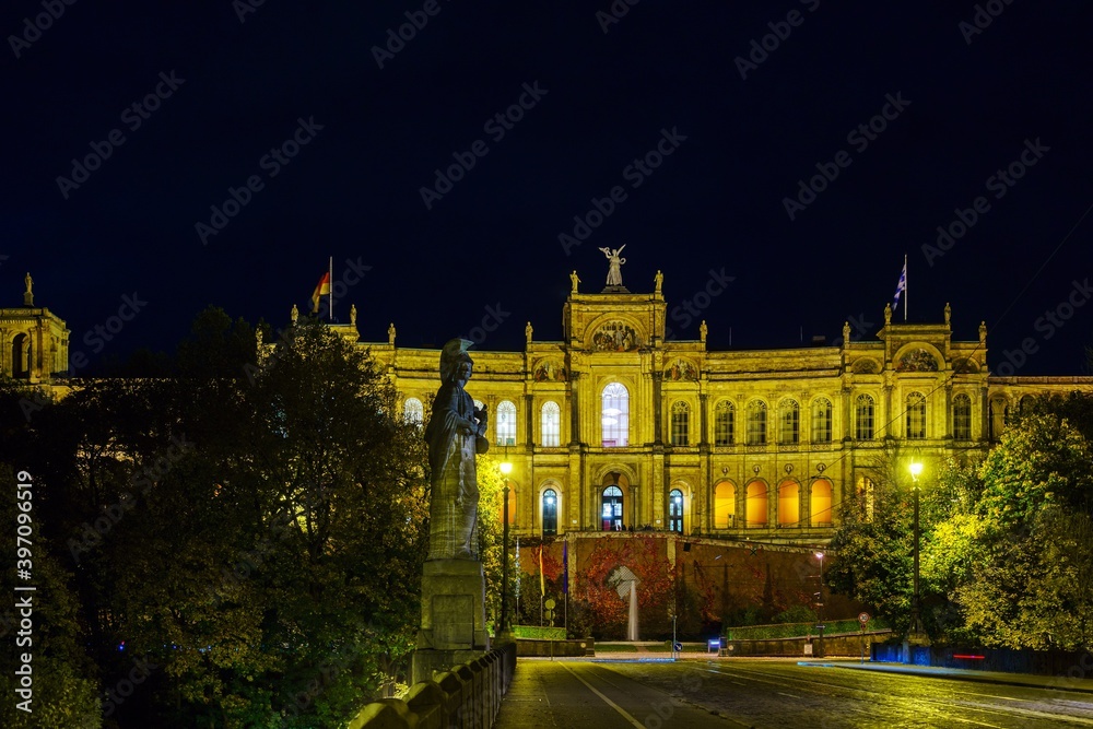 The Maximilianeum palace (1874), seat of Landtag at night, Munich, Germany
