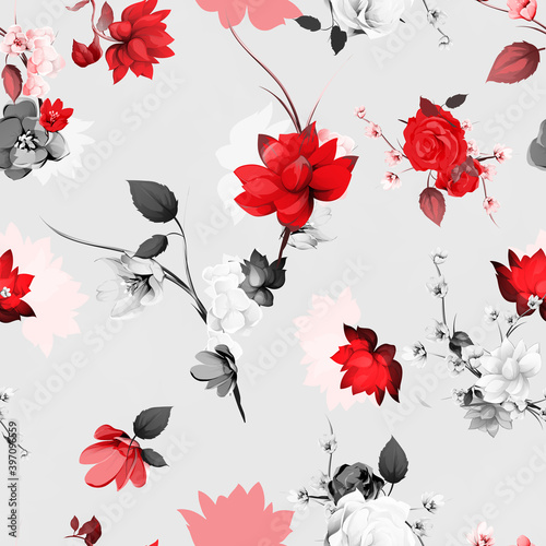 Seamless floral pattern. Lotus, roses, wild flowers with branches and leaves on grey. Abstract version, hand drawn illustration. Vector - stock.