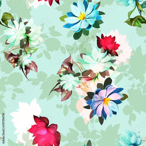 Seamless floral background pattern. Branсhes with lotus flowers, leaf and abstract elements on light green. Abstract artwork for textile, fabric and other prints purpose. Hand drawn illustration.