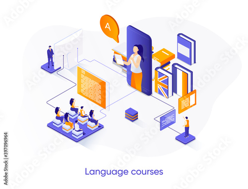 Language courses isometric web banner. Online language tutors, teaching service isometry concept. E-learning platform 3d scene, distance education design. Vector illustration with people characters.