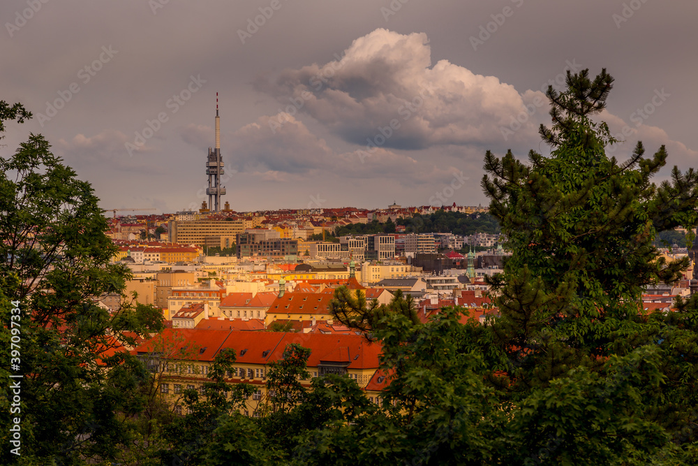 Panoramic view of picturesque Prague city on sunset. Prague, Czech Republic