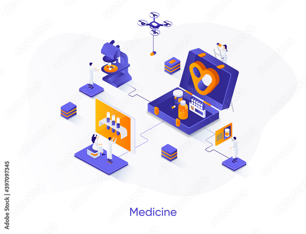 Obraz premium Medicine isometric web banner. Medical engineering and technology isometry concept. Pharmaceutical industry research, drugs development 3d scene design. Vector illustration with people characters.