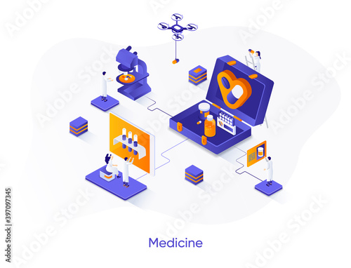 Medicine isometric web banner. Medical engineering and technology isometry concept. Pharmaceutical industry research, drugs development 3d scene design. Vector illustration with people characters.