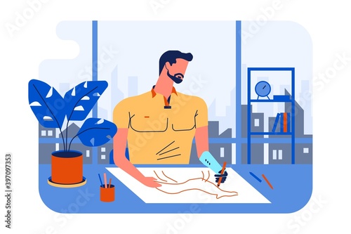 Man artist with physical injury with bebionic hand prostheticsdraws a picture, against window and urban landscape. Physical injury two flat illustrations set 