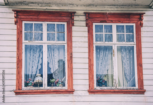 Old retro vintage wooden windows in Tromso, Norway