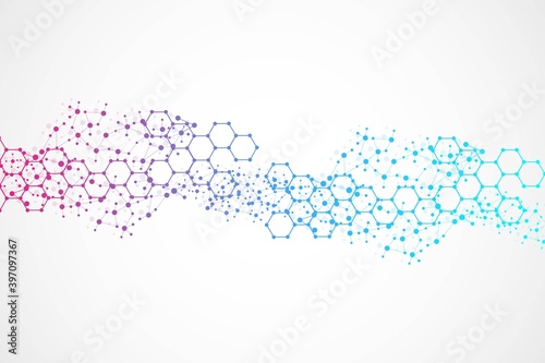 Structure molecule and communication. Dna, atom, neurons. Scientific concept for your design. Connected lines with dots. Medical, technology, chemistry, science background. Vector illustration.