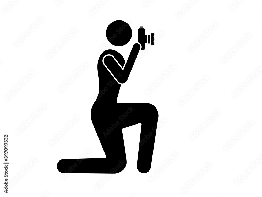 Facinating Icon Vector Photographer makes photo icon. Black abstract character kneeling ...
